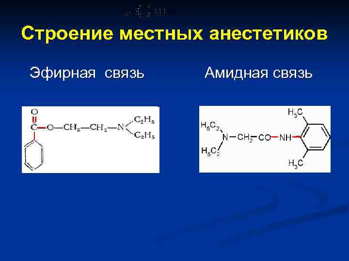 Строение местных анестетиков Эфирная связь Амидная связь 