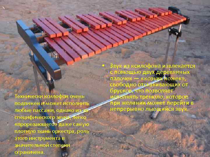 Технически ксилофон очень подвижен и может исполнить любые пассажи, однако из-за специфического звука, легко
