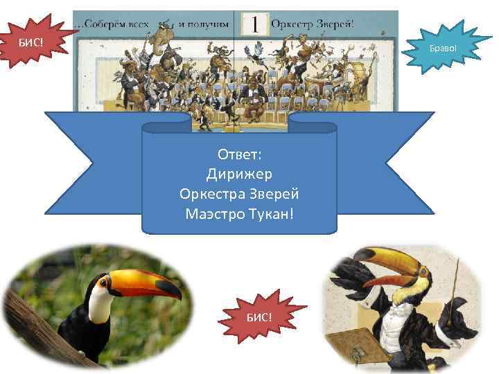 БИС! Браво! Ответ: Дирижер Оркестра Зверей Маэстро Тукан! БИС! 