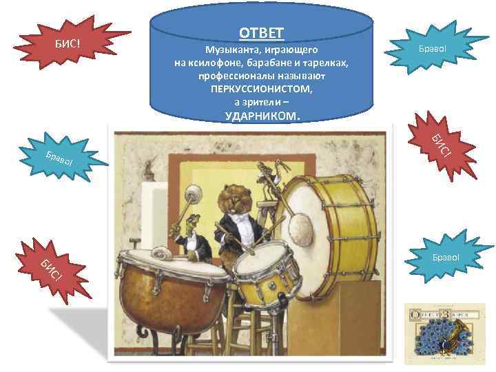 БИС! Музыканта, играющего на ксилофоне, барабане и тарелках, профессионалы называют ПЕРКУССИОНИСТОМ, а зрители –