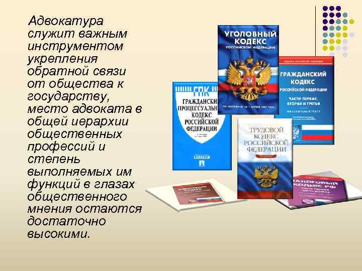 Адвокатура служит важным инструментом укрепления обратной связи от общества к государству, место адвоката в