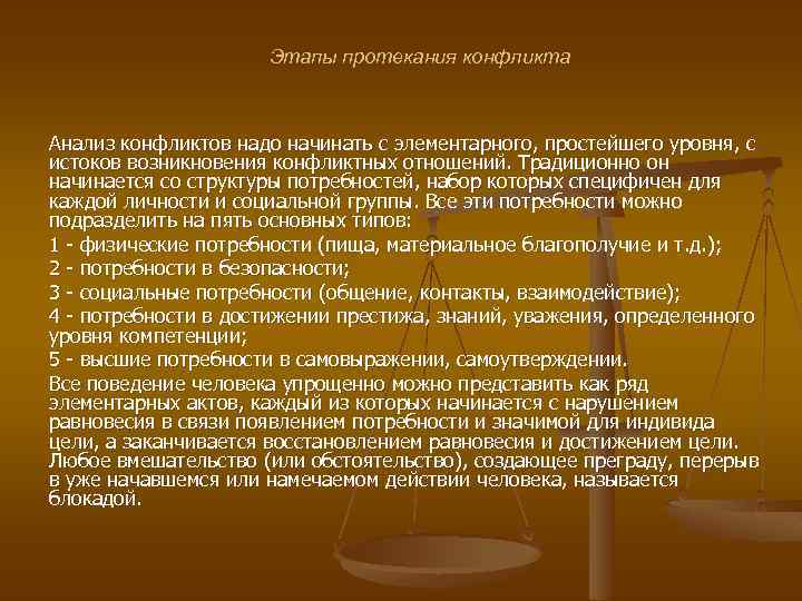 Этапы протекания конфликта Анализ конфликтов надо начинать с элементарного, простейшего уровня, с истоков возникновения