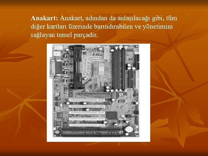 Anakart: Anakart, adından da anlaşılacağı gibi, tüm diğer kartları üzerinde barındırabilen ve yönetimini sağlayan