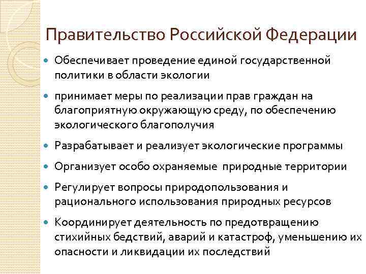 Правительство Российской Федерации Обеспечивает проведение единой государственной политики в области экологии принимает меры по