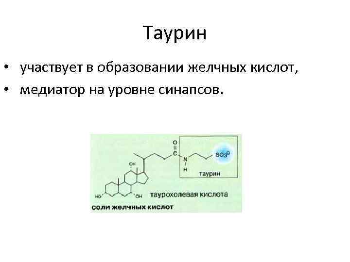 Таурин • участвует в образовании желчных кислот, • медиатор на уровне синапсов. 