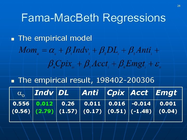 28 Fama-Mac. Beth Regressions n The empirical model n The empirical result, 198402 -200306