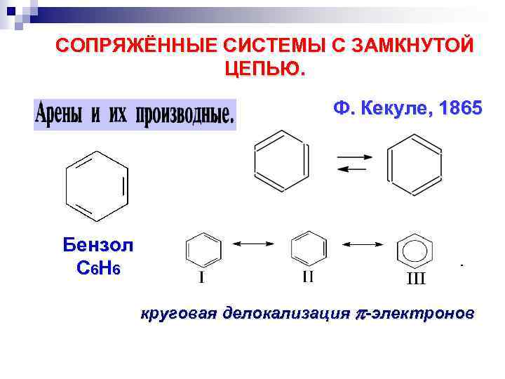 СОПРЯЖЁННЫЕ СИСТЕМЫ С ЗАМКНУТОЙ ЦЕПЬЮ. Ф. Кекуле, 1865 Бензол С 6 Н 6 круговая