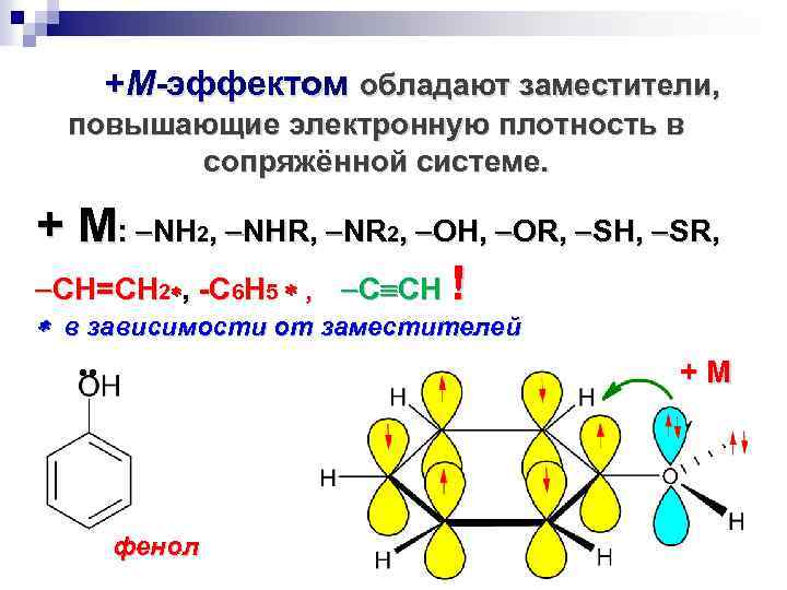  +М-эффектом обладают заместители, повышающие электронную плотность в сопряжённой системе. + М: NH 2,