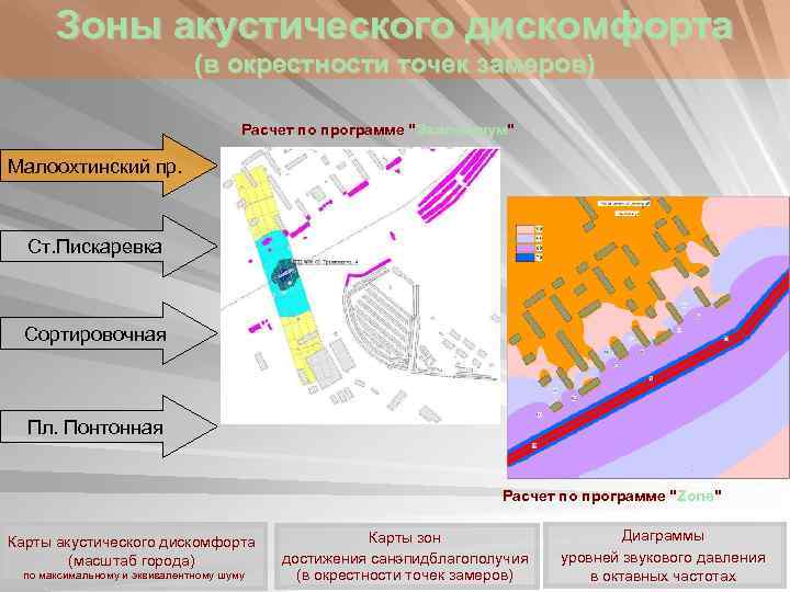 Зоны акустического дискомфорта (в окрестности точек замеров) Расчет по программе 