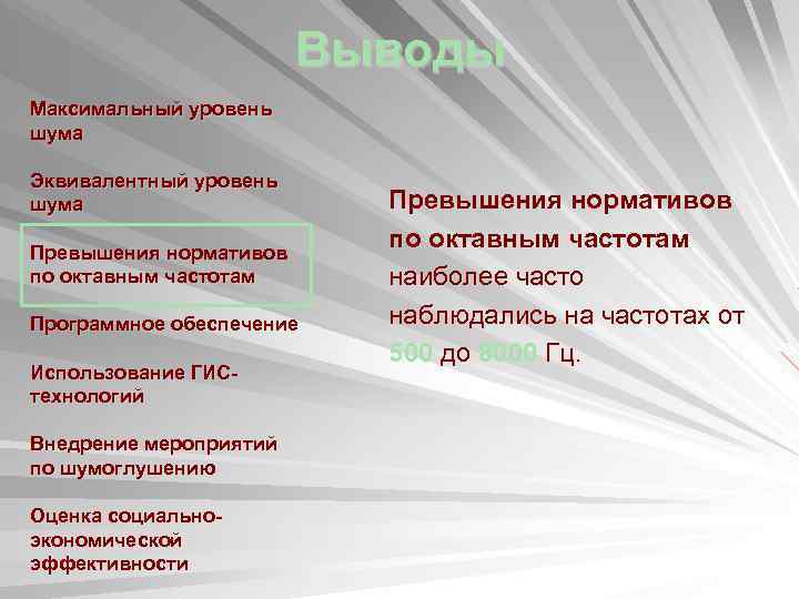 Выводы Максимальный уровень шума Эквивалентный уровень шума Превышения нормативов по октавным частотам Программное обеспечение