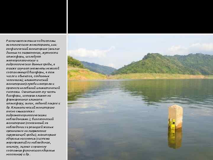 Различаются такие подсистемы экологического мониторинга, как: геофизический мониторинг (анализ данных по загрязнению, мутности атмосферы,