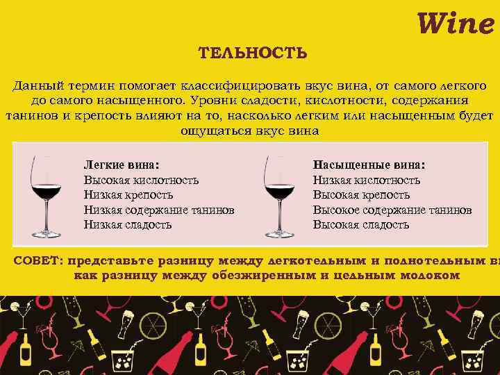 Wine ТЕЛЬНОСТЬ Данный термин помогает классифицировать вкус вина, от самого легкого до самого насыщенного.
