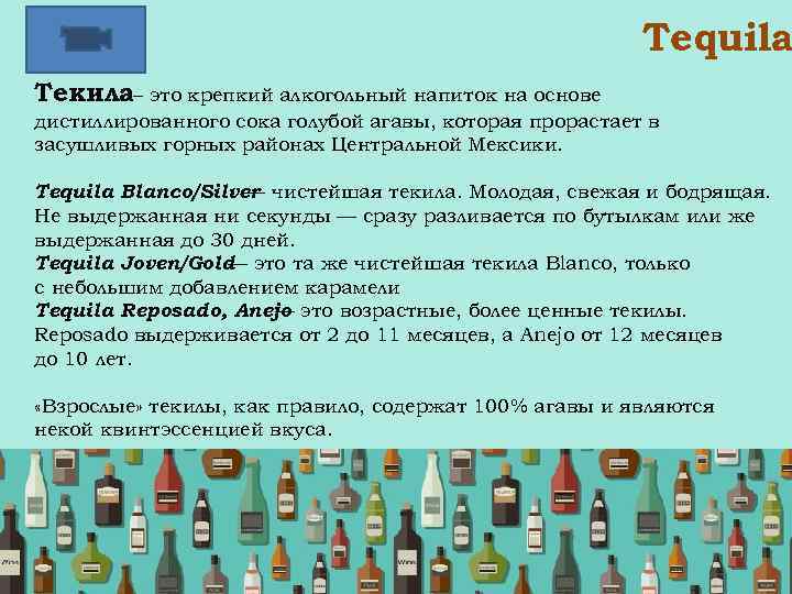 Tequila Текила– это крепкий алкогольный напиток на основе дистиллированного сока голубой агавы, которая прорастает