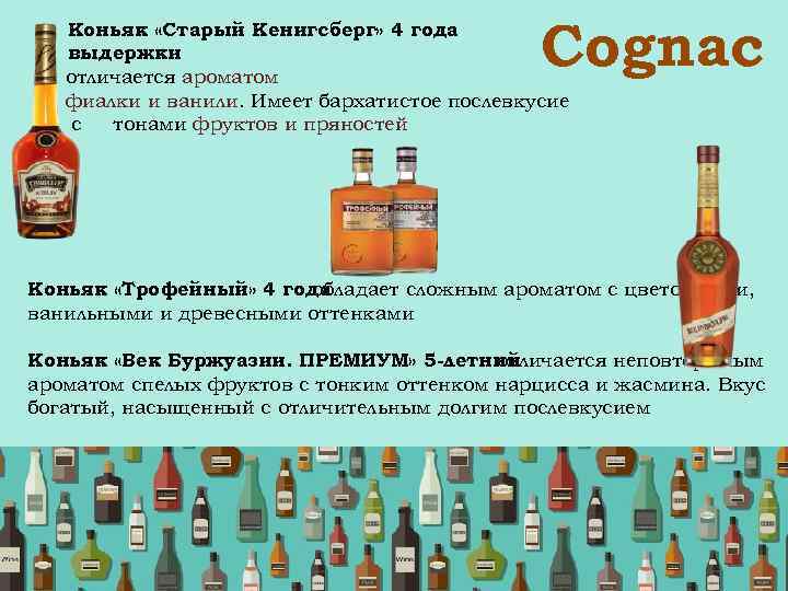  Сognac Коньяк «Старый Кенигсберг» 4 года выдержки отличается ароматом фиалки и ванили. Имеет