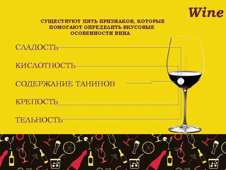 СУЩЕСТВУЮТ ПЯТЬ ПРИЗНАКОВ, КОТОРЫЕ ПОМОГАЮТ ОПРЕДЕЛИТЬ ВКУСОВЫЕ ОСОБЕННОСТИ ВИНА СЛАДОСТЬ КИСЛОТНОСТЬ СОДЕРЖАНИЕ ТАНИНОВ КРЕПОСТЬ