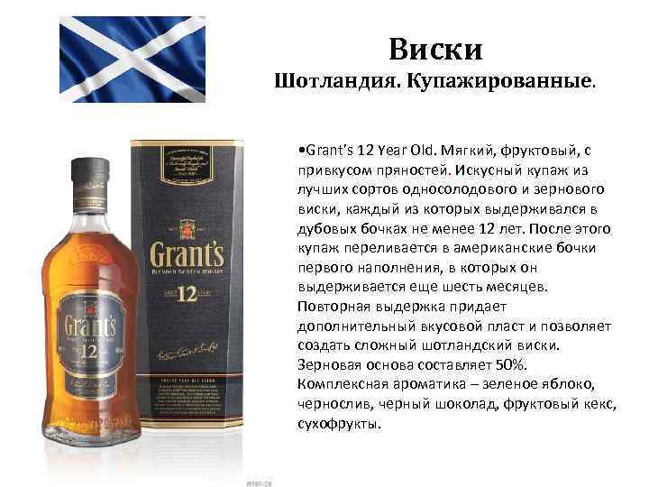 Виски Шотландия. Купажированные. • Grant’s 12 Year Old. Мягкий, фруктовый, с привкусом пряностей. Искусный