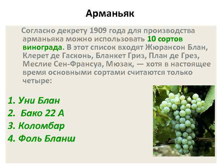 Арманьяк Согласно декрету 1909 года для производства арманьяка можно использовать 10 сортов винограда. В