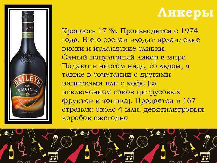 Ликеры Крепость 17 %. Производится с 1974 года. В его состав входят ирландские виски