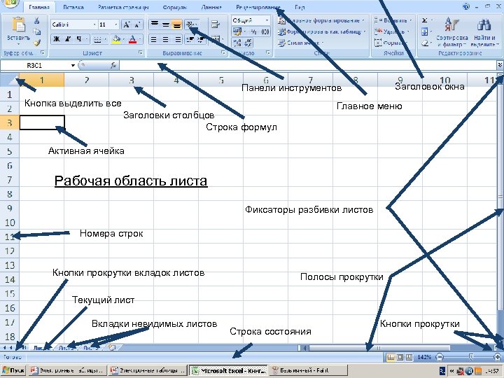 Строки электронной таблицы ответ. Рабочая область в excel. Строка формул. Полосы прокрутки листов. Рабочая область электронной таблицы.