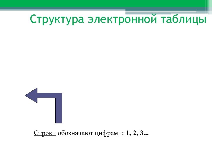 Структура электронной таблицы Cтроки обозначают цифрами: 1, 2, 3. . . 