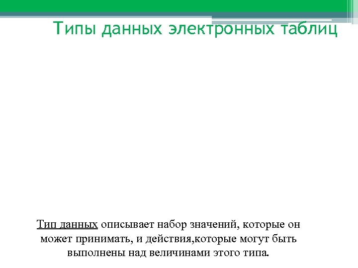 Типы данных электронных таблиц Тип данных описывает набор значений, которые он может принимать, и