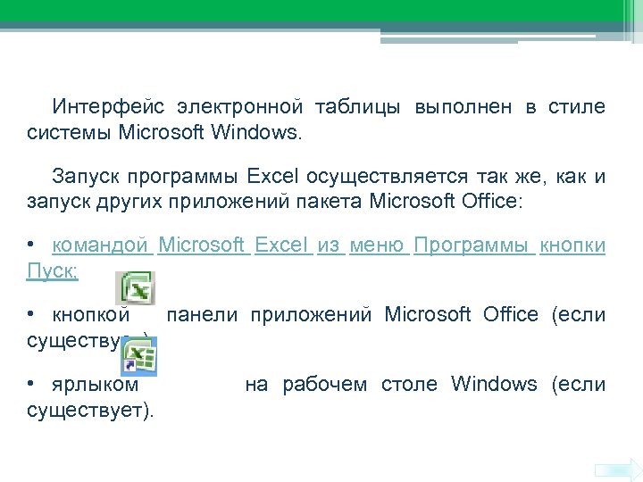 Интерфейс электронной таблицы выполнен в стиле системы Microsoft Windows. Интерфейс Excel Запуск программы Excel