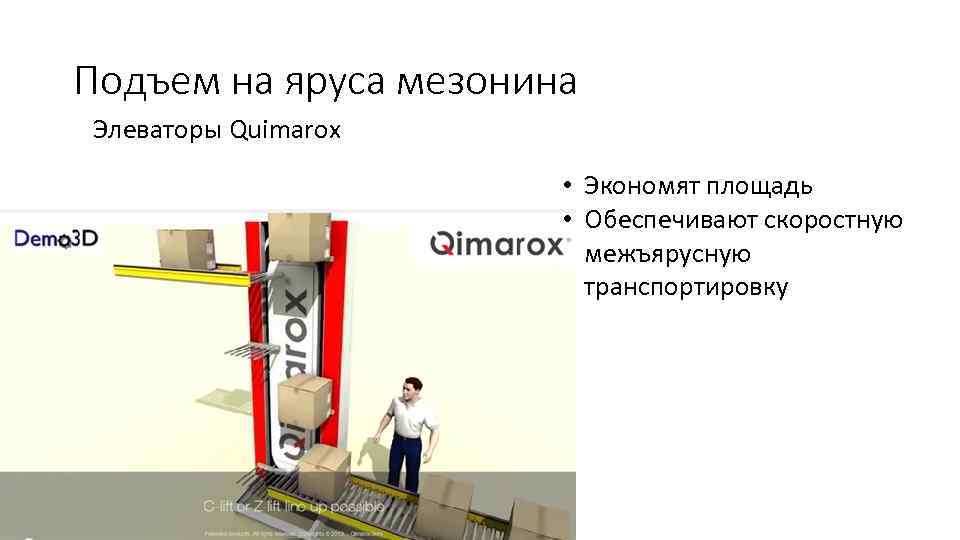 Подъем на яруса мезонина Элеваторы Quimarox • Экономят площадь • Обеспечивают скоростную межъярусную транспортировку