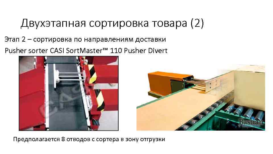 Двухэтапная сортировка товара (2) Этап 2 – сортировка по направлениям доставки Pusher sorter CASI