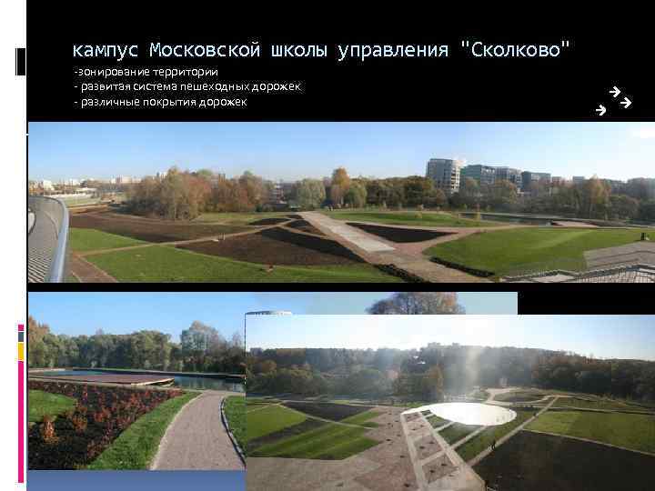 кампус Московской школы управления "Сколково" -зонирование территории - развитая система пешеходных дорожек - различные