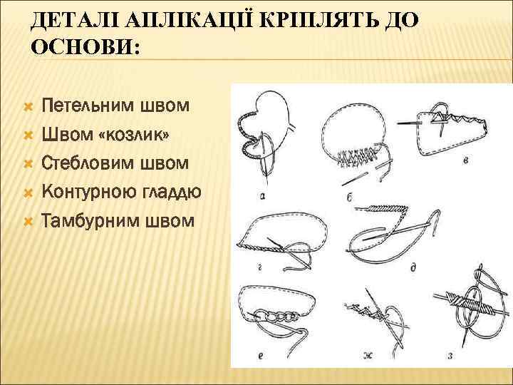 ДЕТАЛІ АПЛІКАЦІЇ КРІПЛЯТЬ ДО ОСНОВИ: Петельним швом Швом «козлик» Стебловим швом Контурною гладдю Тамбурним