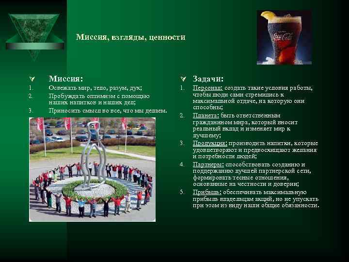 Миссия, взгляды, ценности Ú Миссия: Ú Задачи: 1. 2. Освежать мир, тело, разум, дух;