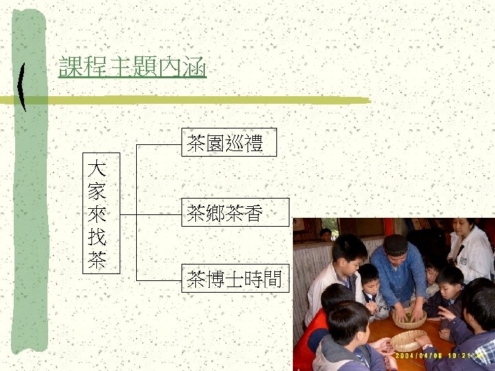 課程主題內涵 茶園巡禮 大 家 來 找 茶 茶鄉茶香 茶博士時間 