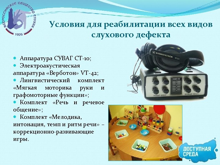 Условия для реабилитации всех видов слухового дефекта Аппаратура СУВАГ СТ-10; Электроакустическая аппаратура «Верботон» VT-42;