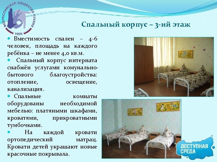 Спальный корпус – 3 -ий этаж Вместимость спален – 4 -6 человек, площадь на