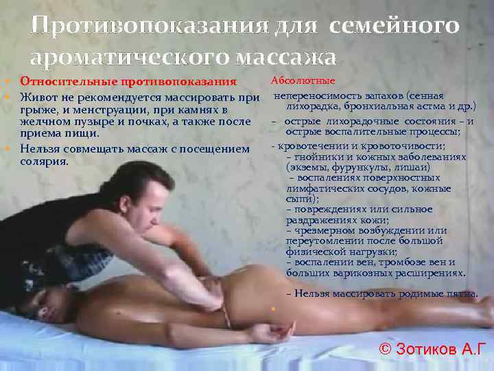 Противопоказания для семейного ароматического массажа Абсолютные Относительные противопоказания Живот не рекомендуется массировать при непереносимость