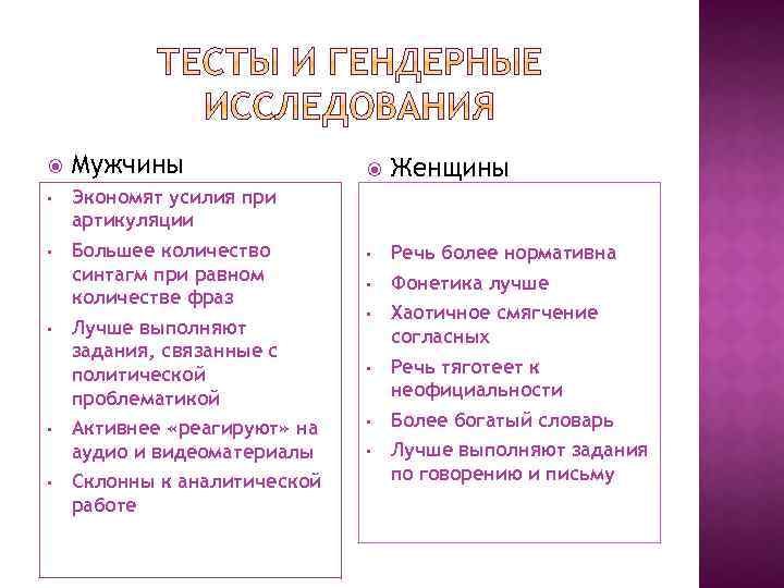  Мужчины • Большее количество синтагм при равном количестве фраз Женщины • Речь более