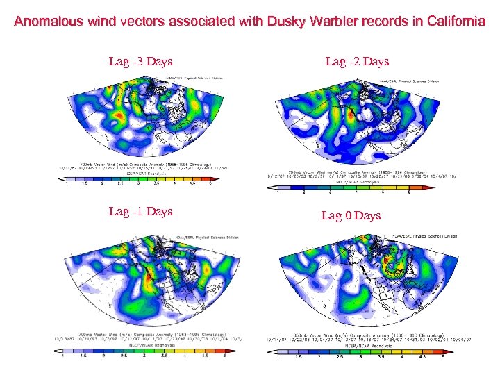 Anomalous wind vectors associated with Dusky Warbler records in California Lag -3 Days Lag