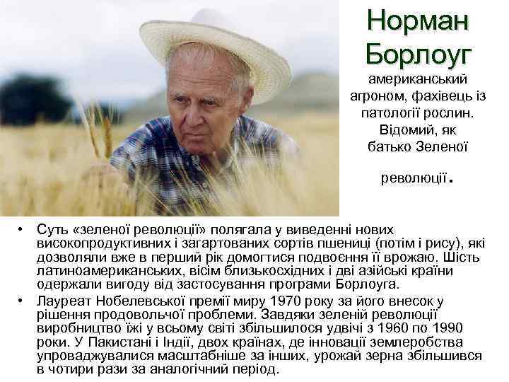 Норман Борлоуг американський агроном, фахівець із патології рослин. Відомий, як батько Зеленої революції .