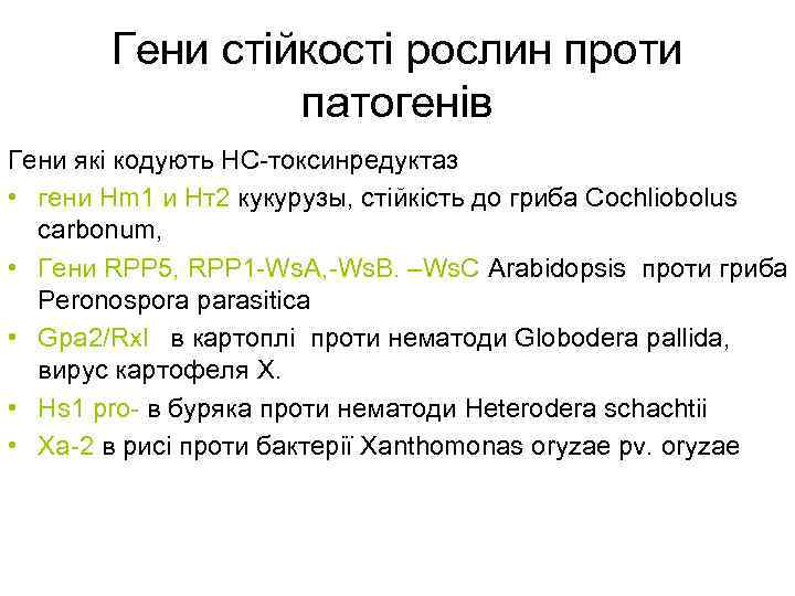 Гени стійкості рослин проти патогенів Гени які кодують НС-токсинредуктаз • гени Hm 1 и