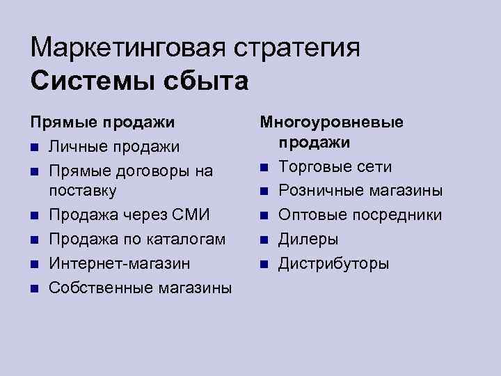 Маркетинговая стратегия Системы сбыта Прямые продажи Личные продажи Прямые договоры на поставку Продажа через