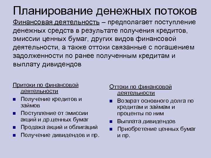 Планирование денежных потоков Финансовая деятельность – предполагает поступление денежных средств в результате получения кредитов,