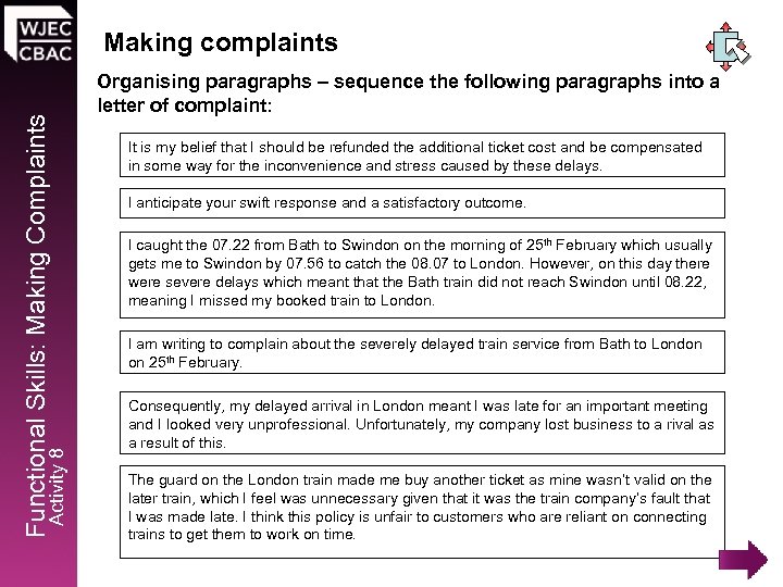 Activity 8 Functional Skills: Making Complaints Making complaints Organising paragraphs – sequence the following