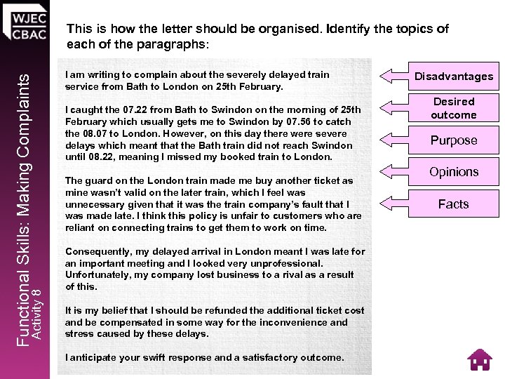 Activity 8 Functional Skills: Making Complaints This is how the letter should be organised.