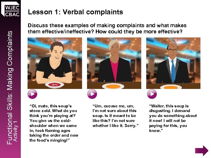 Activity 1 Functional Skills: Making Complaints Lesson 1: Verbal complaints Discuss these examples of