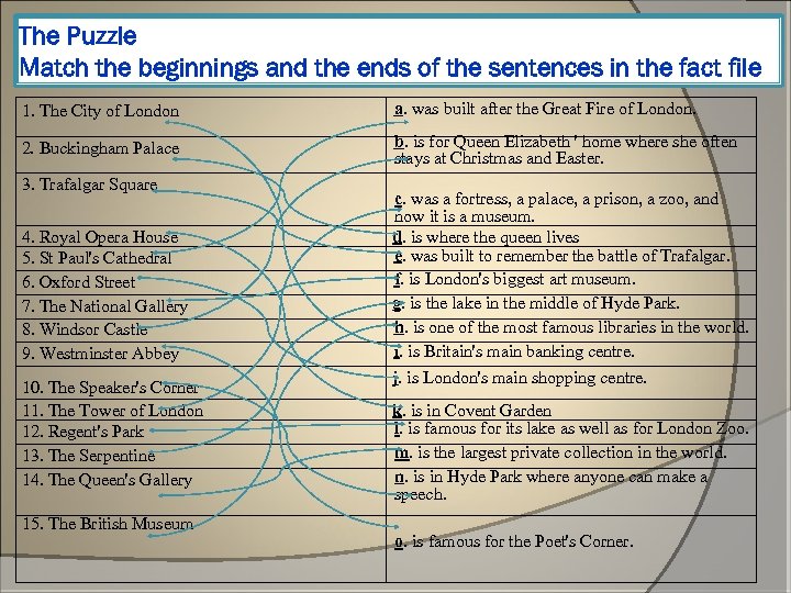 The Puzzle Match the beginnings and the ends of the sentences in the fact
