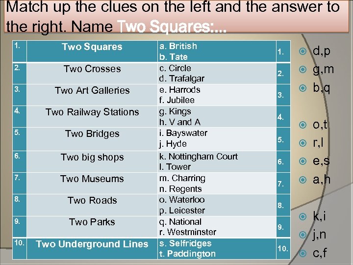 Match up the clues on the left and the answer to the right. Name