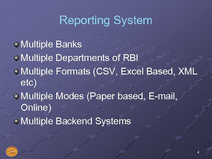 Reporting System Multiple Banks Multiple Departments of RBI Multiple Formats (CSV, Excel Based, XML