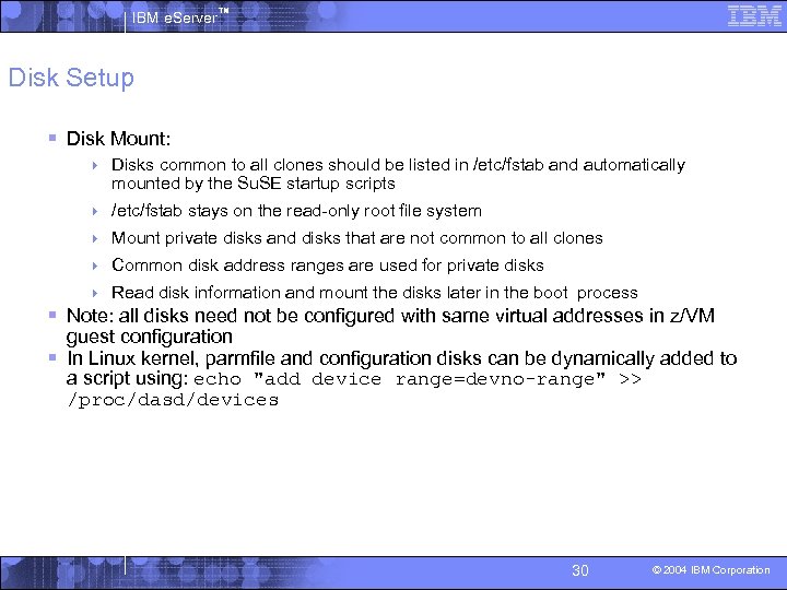 IBM e. Server™ Disk Setup § Disk Mount: 4 Disks common to all clones