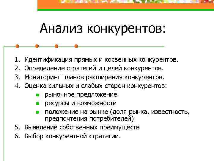 Анализ конкурентов: 1. 2. 3. 4. Идентификация прямых и косвенных конкурентов. Определение стратегий и