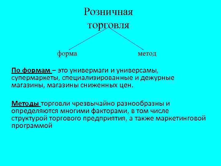 Розничная торговля форма метод По формам – это универмаги и универсамы, супермаркеты, специализированные и